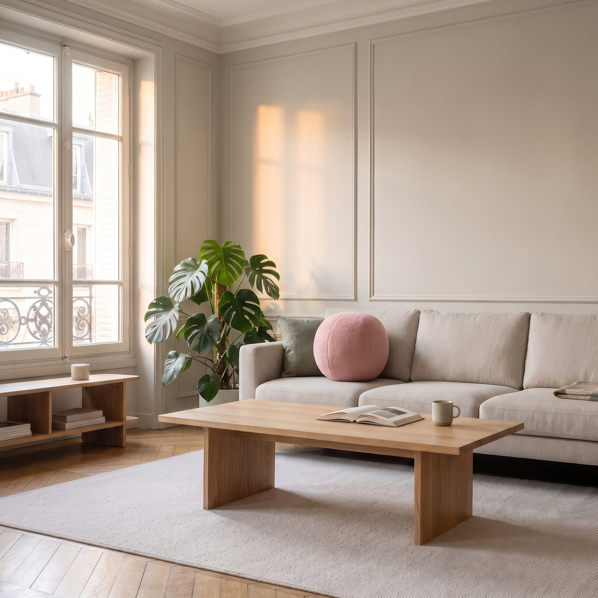 Coussin boule rose en bouclette posé dans le salon