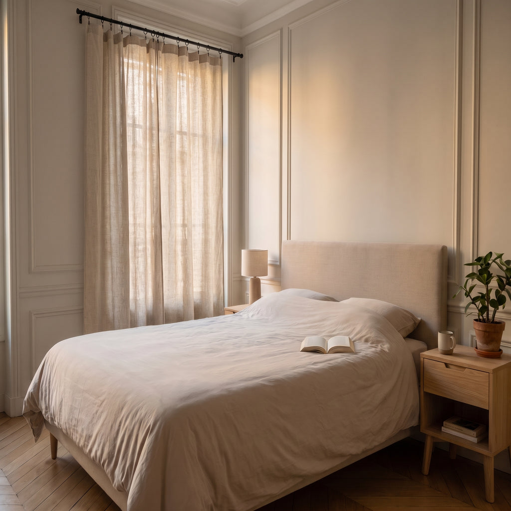 Rideau en lin épais crème fermé sur une fenêtre de chambre, la toile tombe de la tringle au sol en plis souples