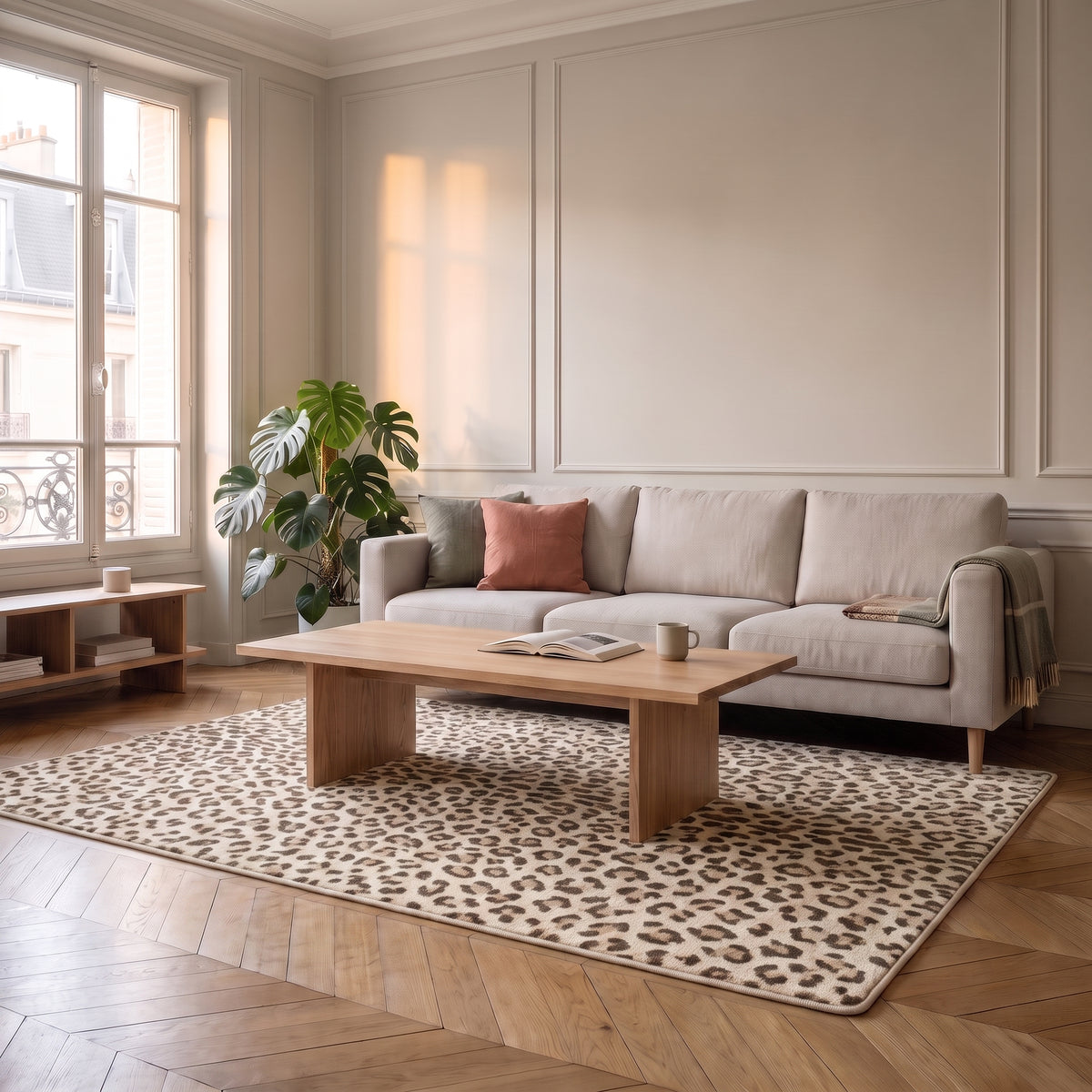 Tapis en molleton blanc posé à plat sur le sol d'une chambre, le lit en arrière-plan donne l'échelle