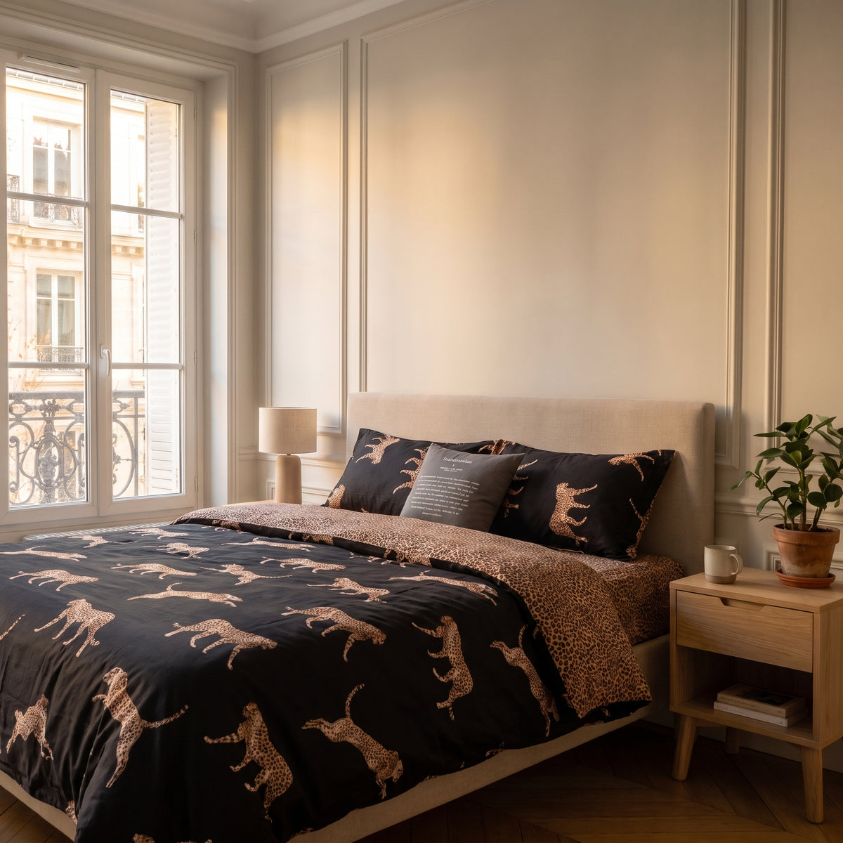 Housse de couette motif léopard sur un lit fait dans une chambre