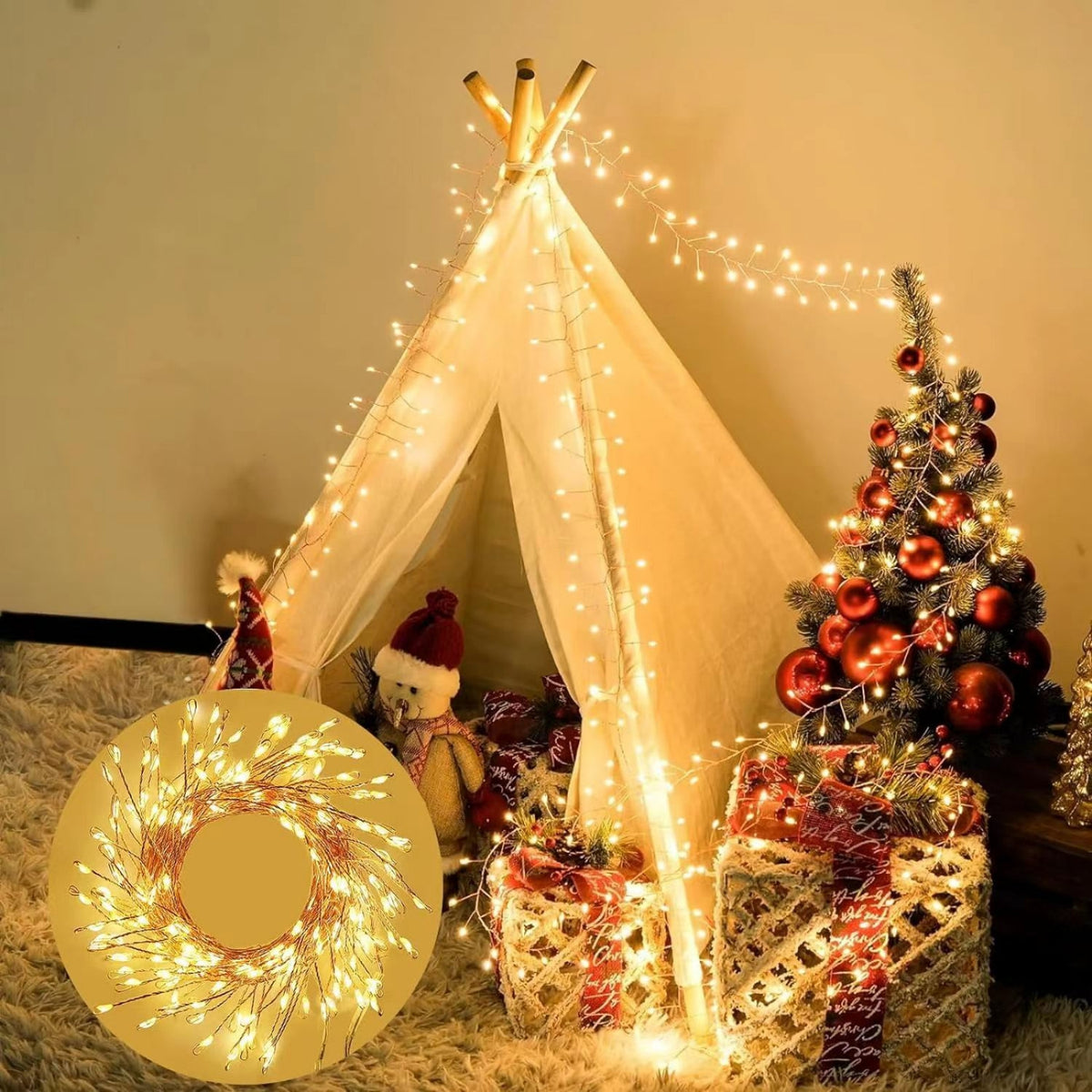 Guirlande lumineuse LED blanc chaud dans un décor de fête