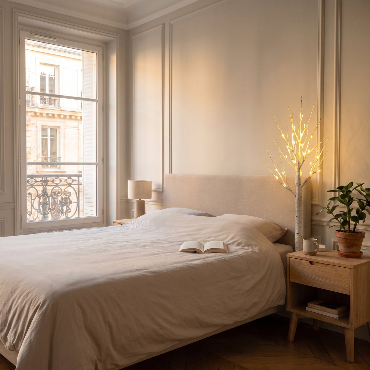 Lampe LED en forme d'arbre posée sur une table de chevet
