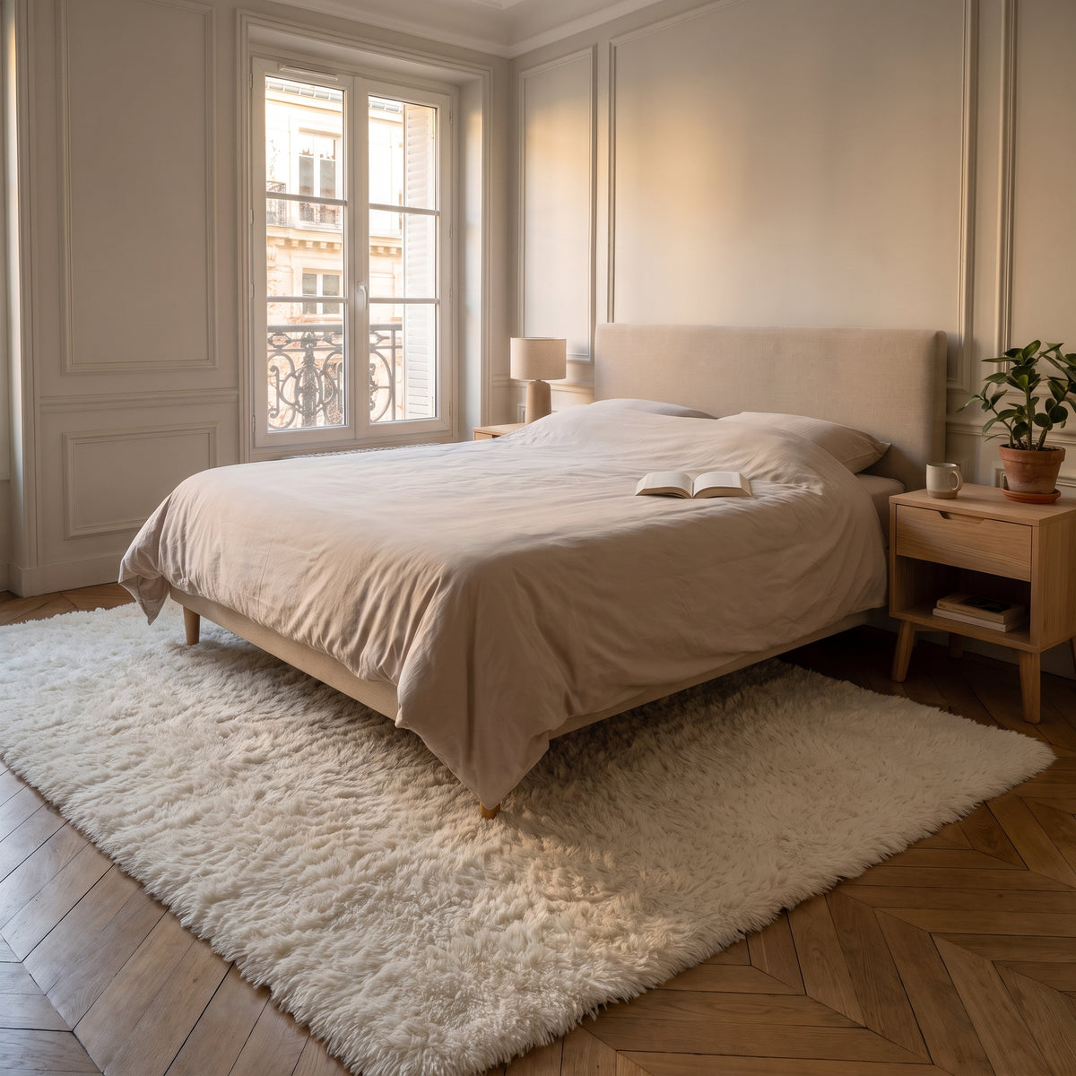 Tapis à poils longs écru posé au pied du lit, dans une chambre au parquet à chevrons ouverte sur un balcon en fer forgé