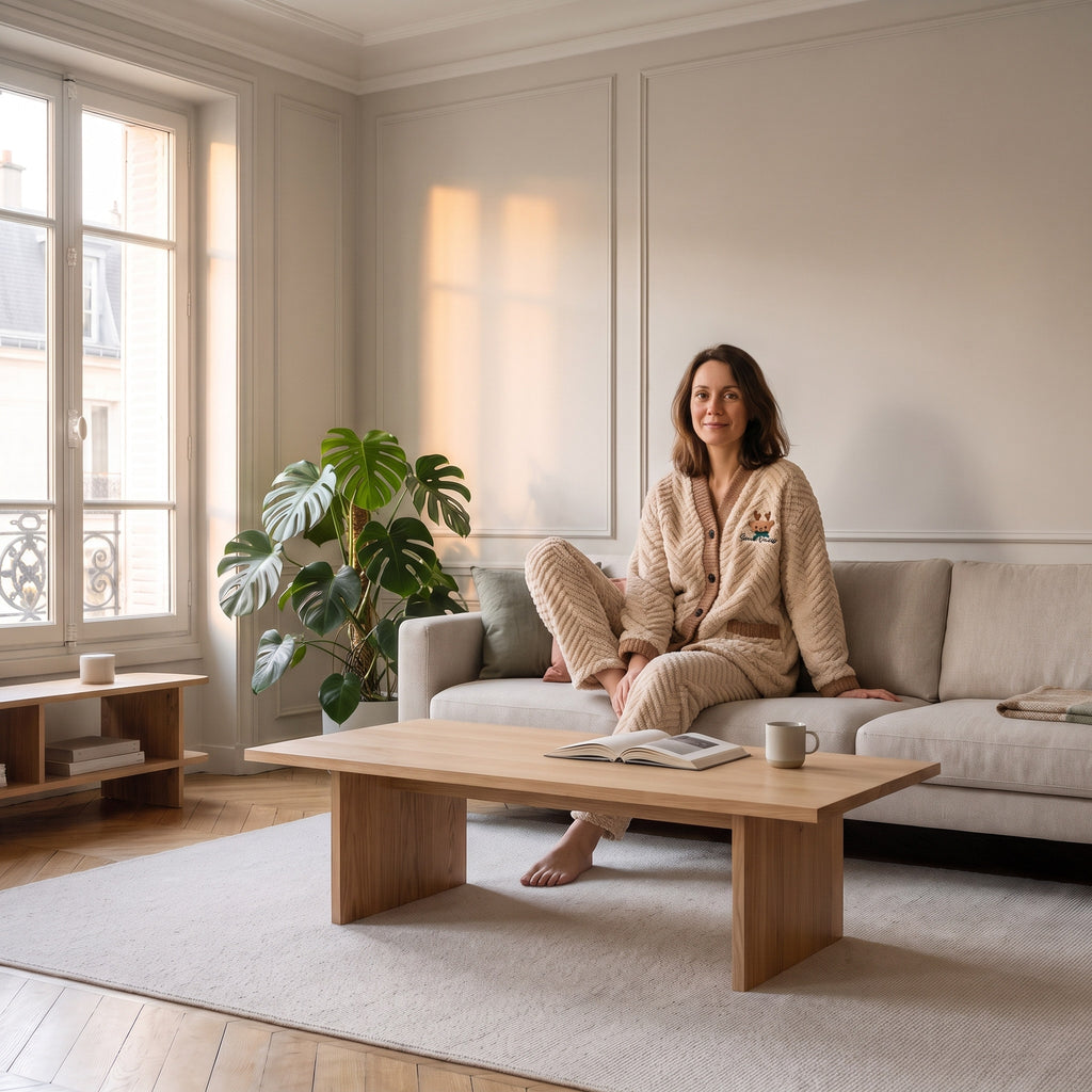 Femme assise sur le canapé en pyjama polaire beige à col V boutonné