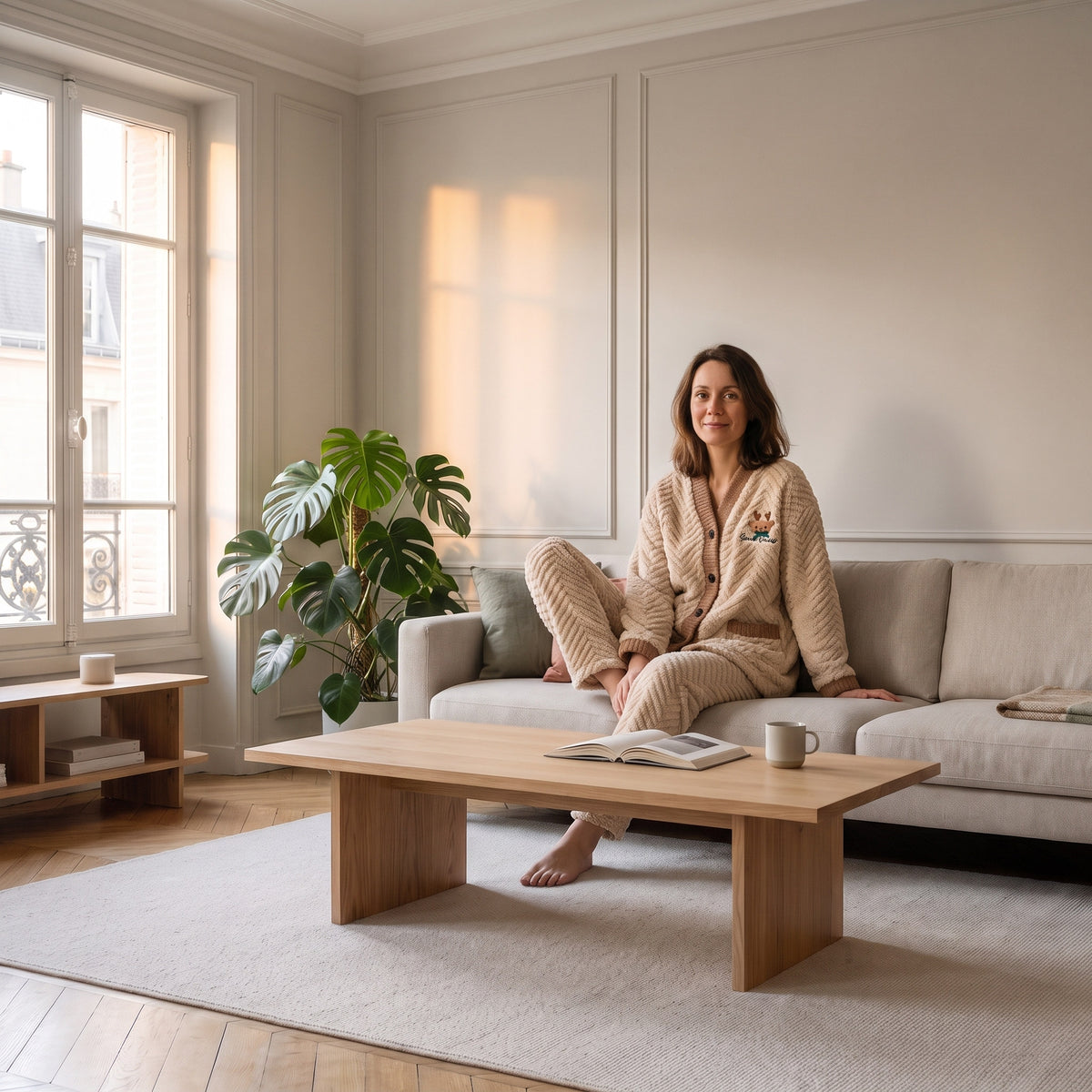 Femme assise sur le canapé en pyjama polaire beige à col V boutonné