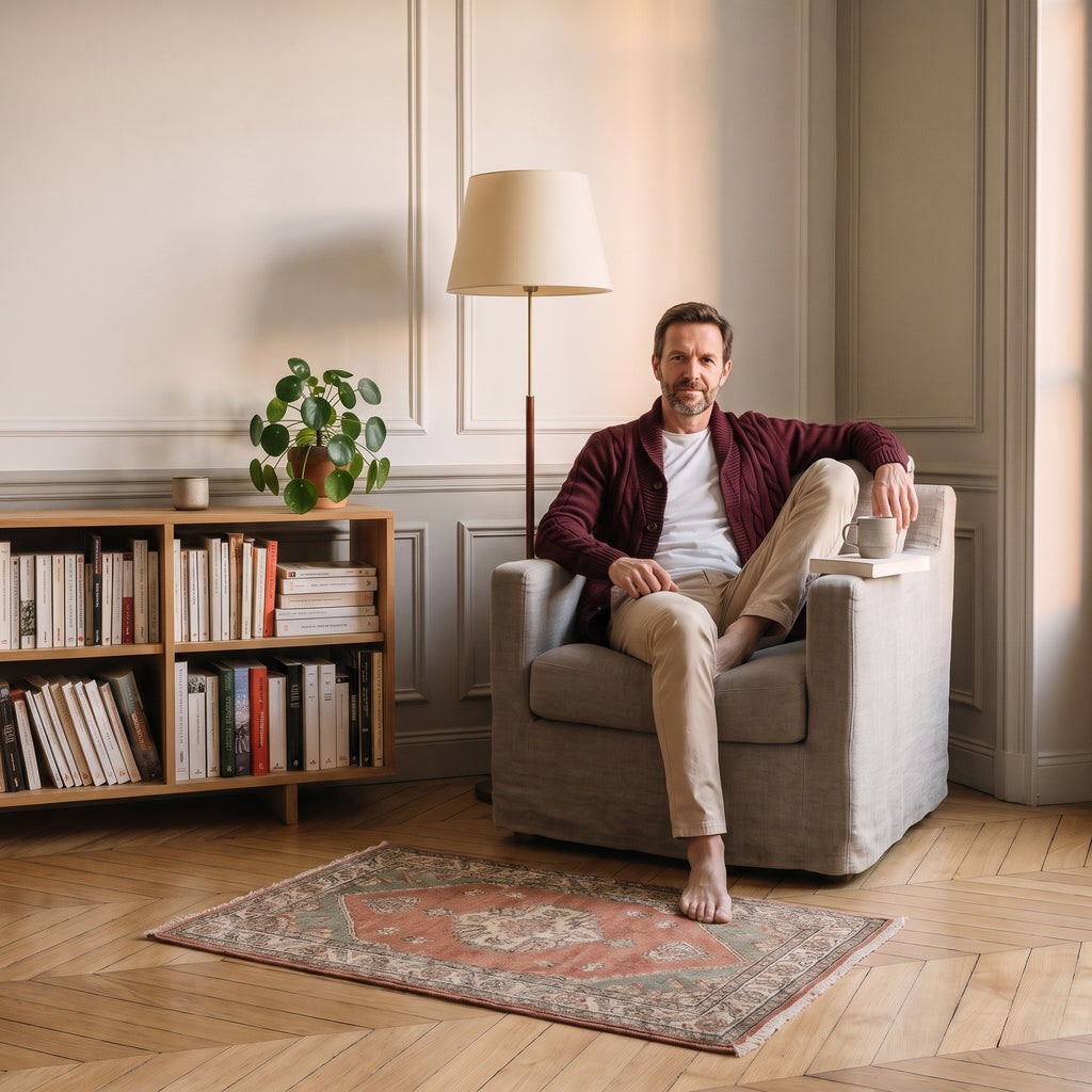 Cardigan homme bordeaux torsadé porté assis dans un coin lecture