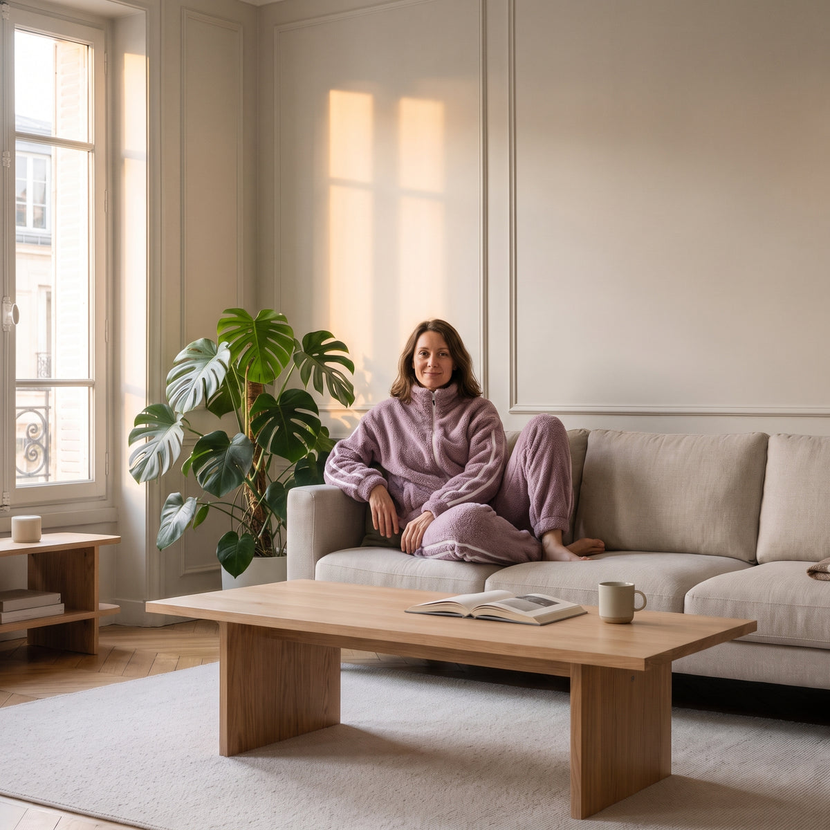 Ensemble en molleton violet porté par une femme assise dans un salon