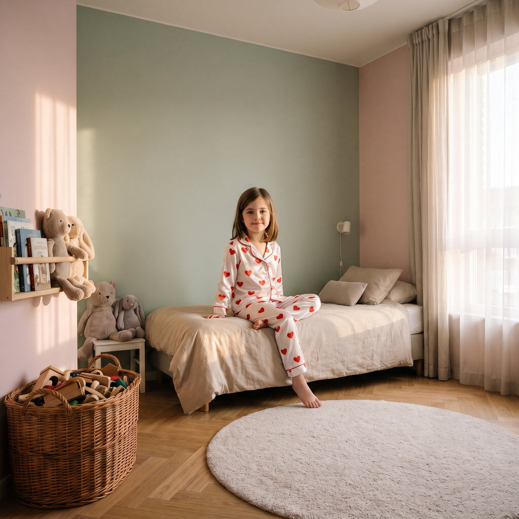 Fille assise portant le pyjama en satin à imprimé cœurs