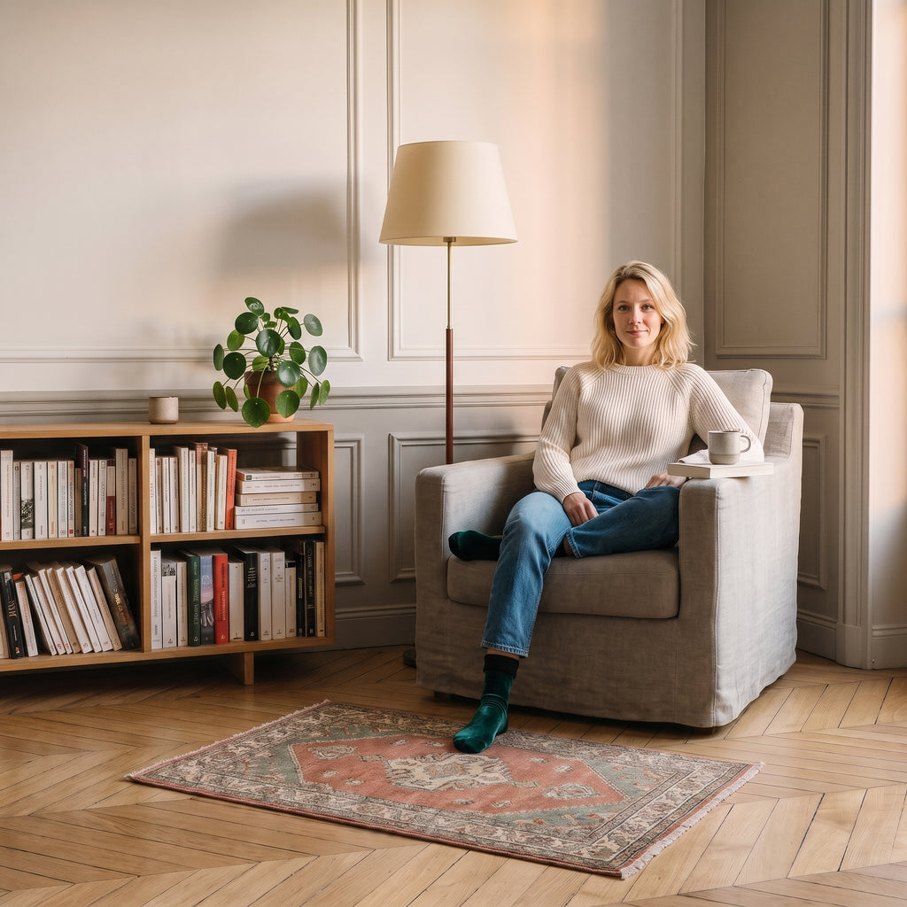Chaussettes unies à revers duveteux portées assise dans un coin lecture