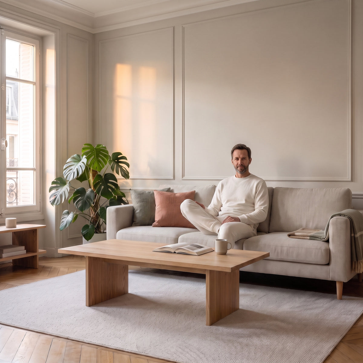 Ensemble jogging homme en coton porté, assise