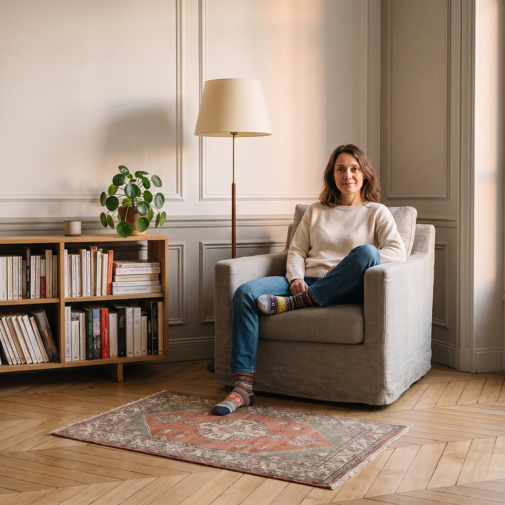 Femme assise dans le fauteuil de lecture, chaussettes chaudes à motifs aux pieds