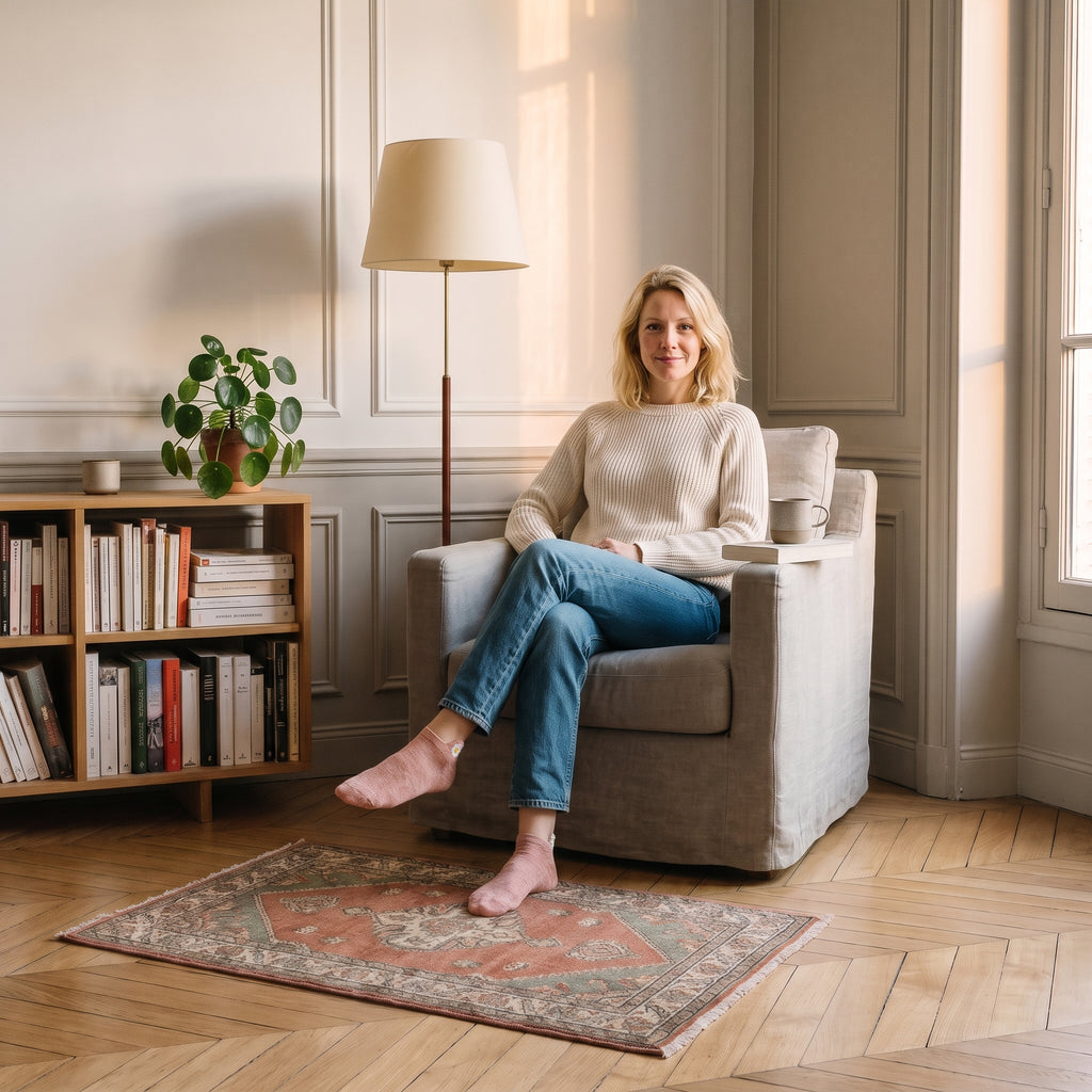 Chaussettes basses à marguerite brodée portées assise dans un coin lecture