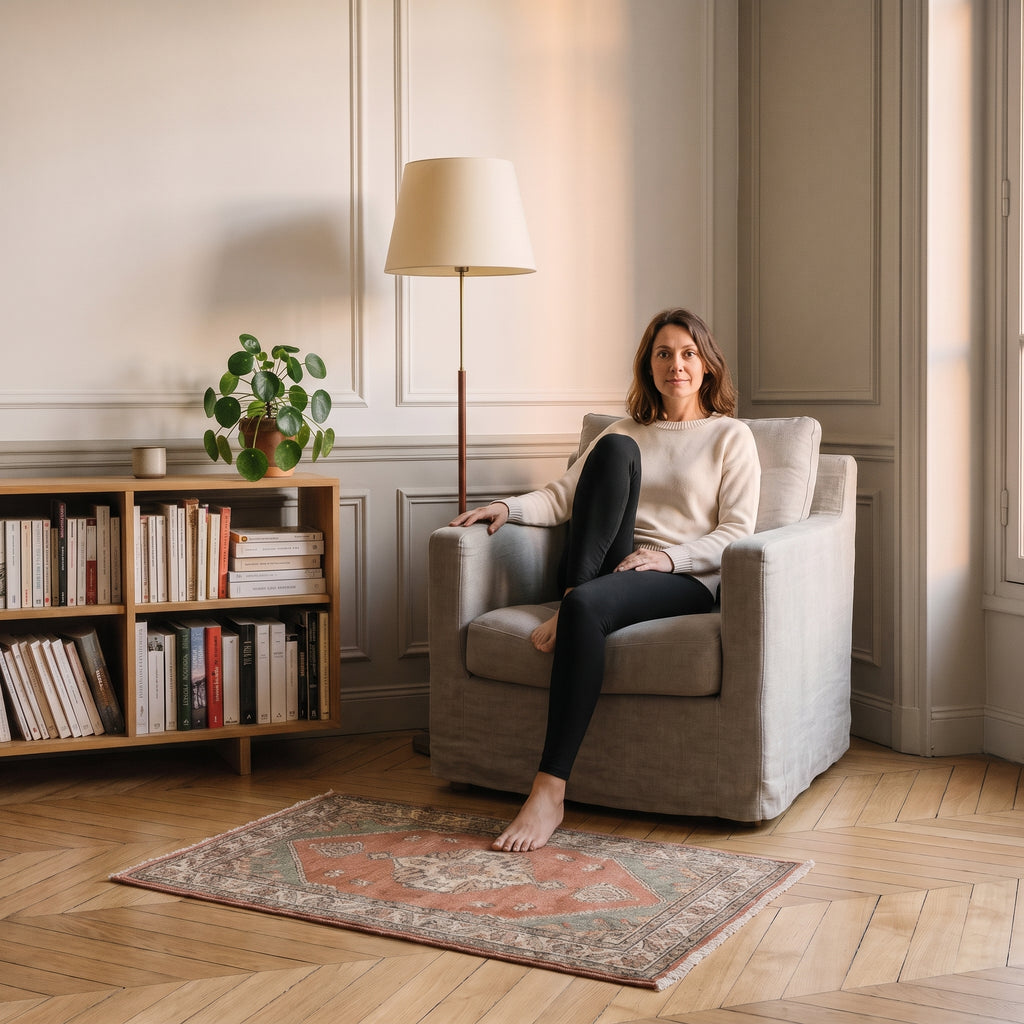 Femme assise en legging noir opaque dans un coin lecture