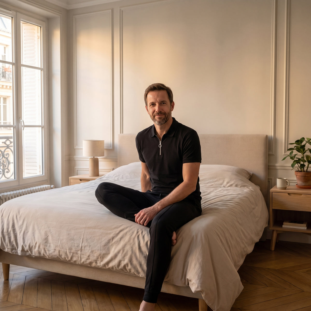 Ensemble homme polo noir porté assis dans une chambre
