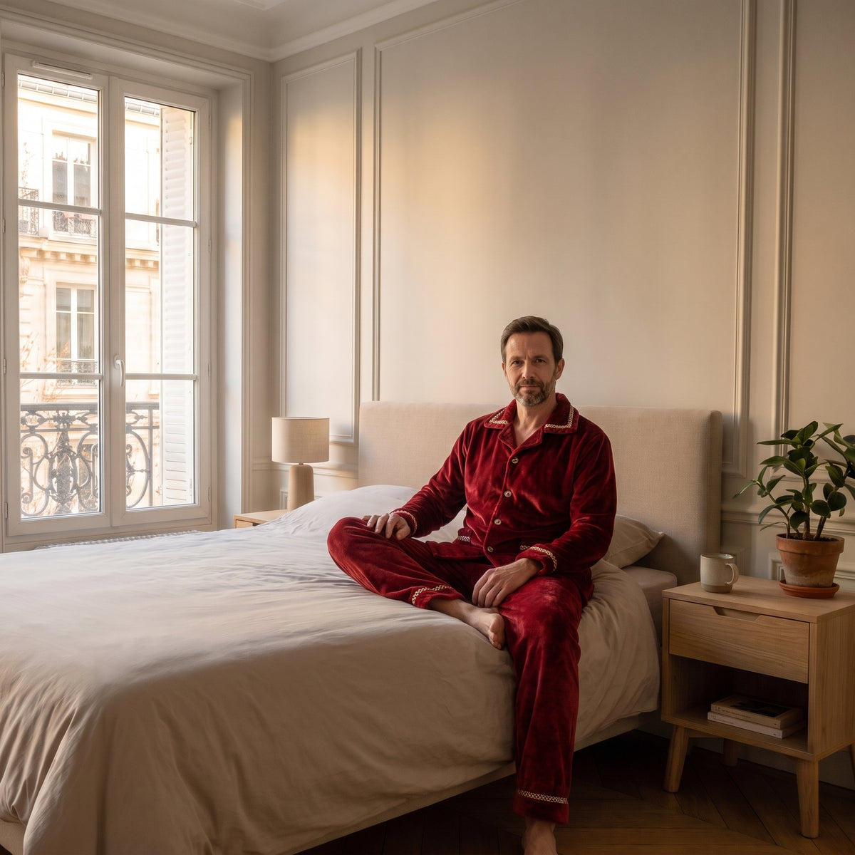Pyjama en flanelle rouge porté par un homme assis dans une chambre
