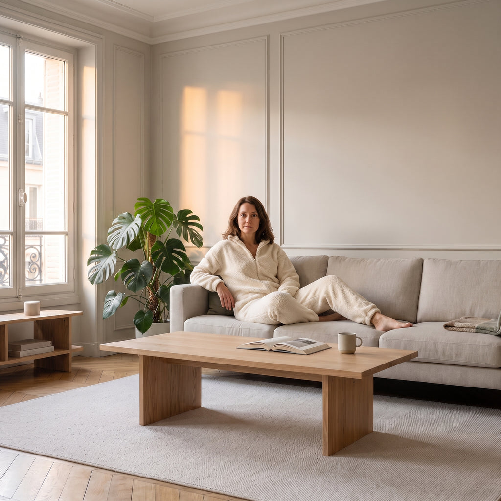 Femme assise portant la combinaison polaire blanche à oreilles