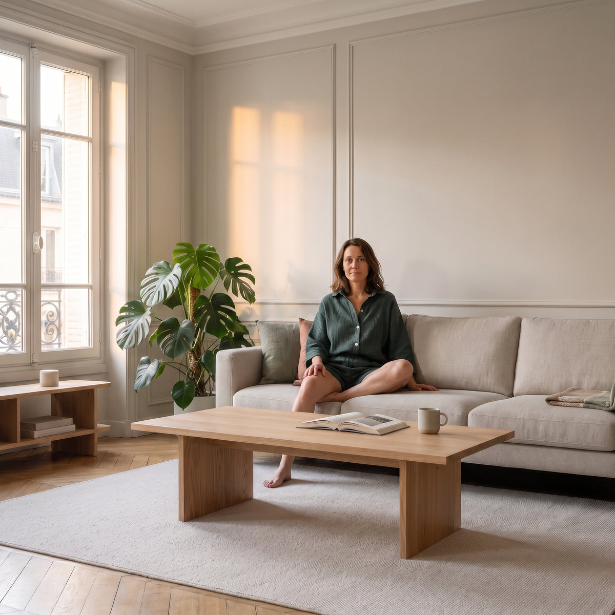 Femme assise sur le canapé du salon portant l'ensemble en gaze de coton vert