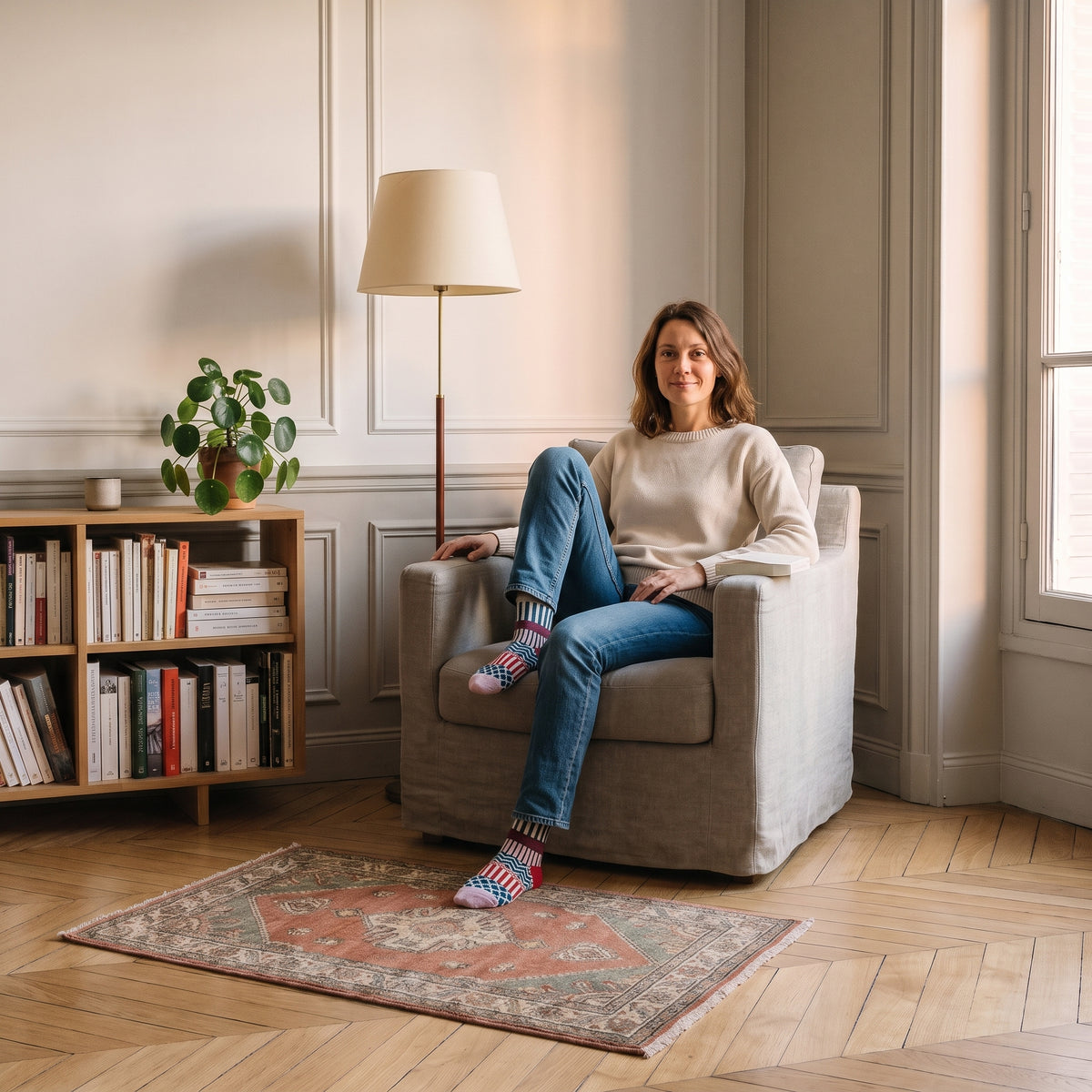 Femme détendue dans son fauteuil de lecture portant les chaussettes chaudes à motifs
