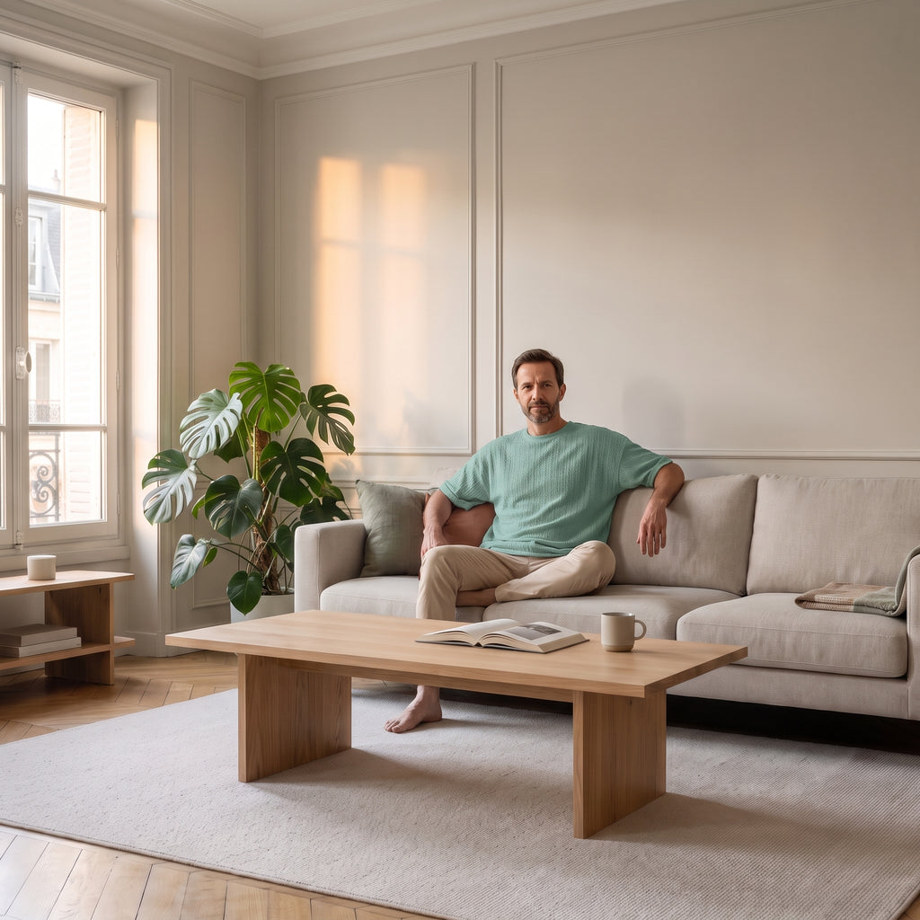 Homme assis dans le salon, en t-shirt maille torsadée vert