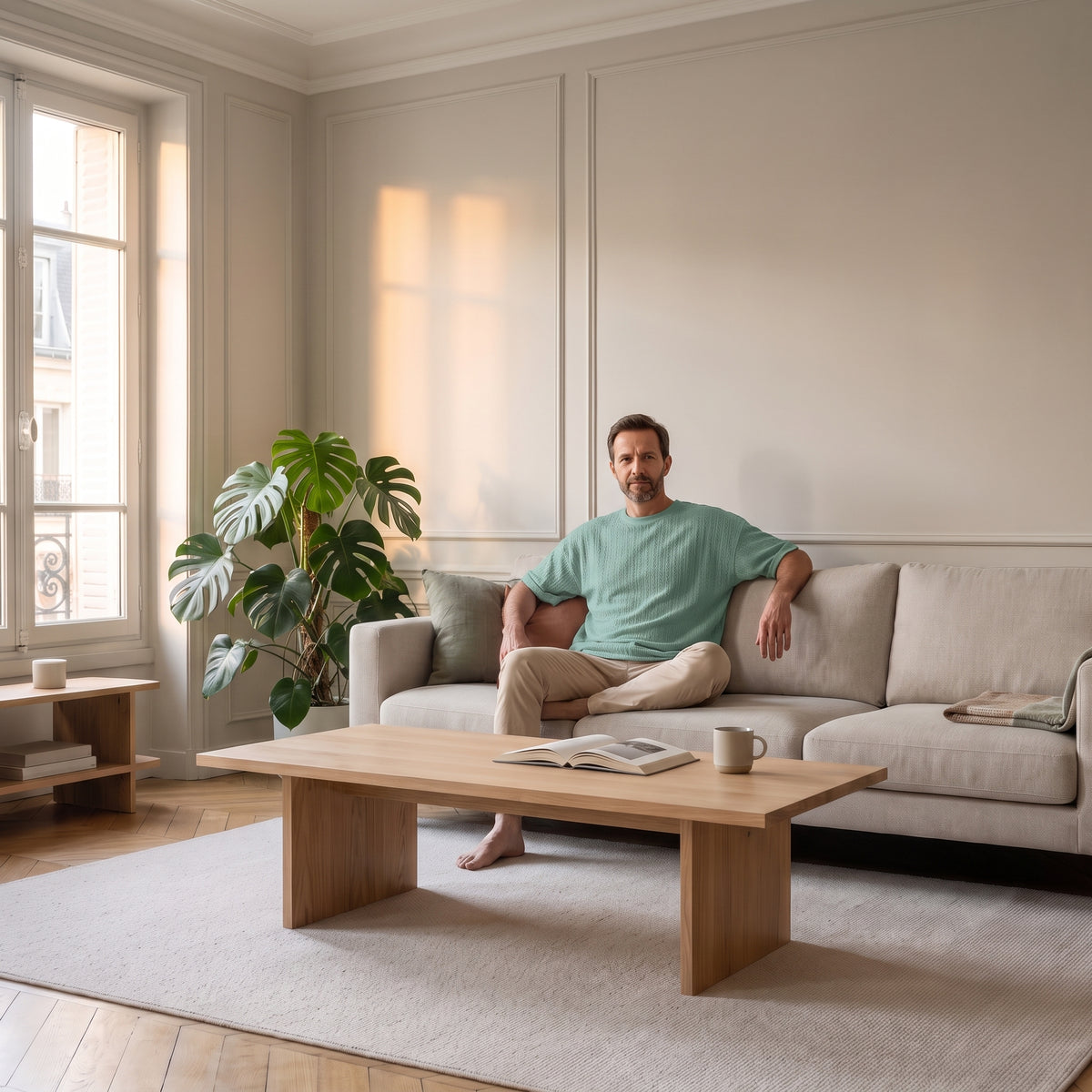 Homme assis dans le salon, en t-shirt maille torsadée vert