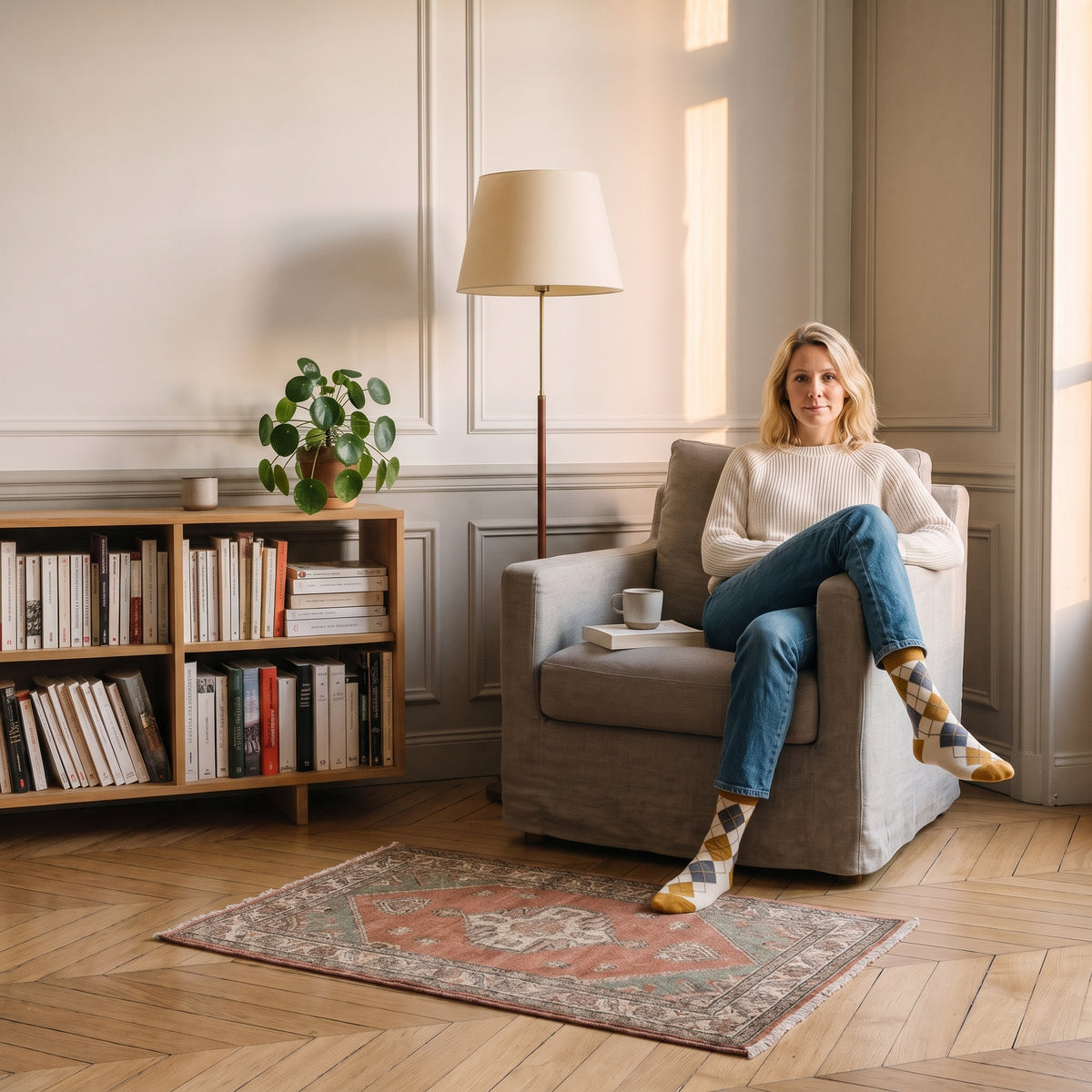 Chaussettes à losanges jacquard portées assise dans un coin lecture