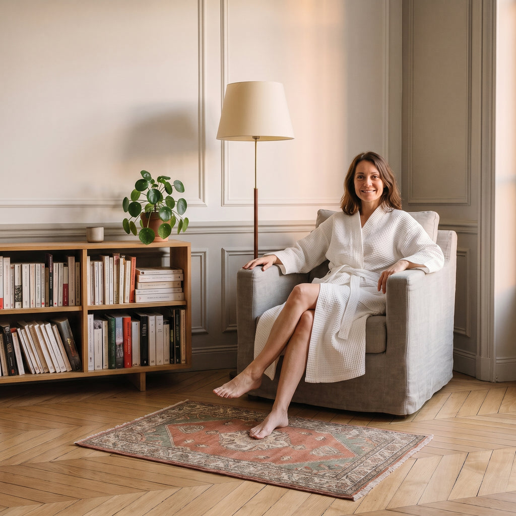 Peignoir long en coton blanc cassé dans un coin lecture