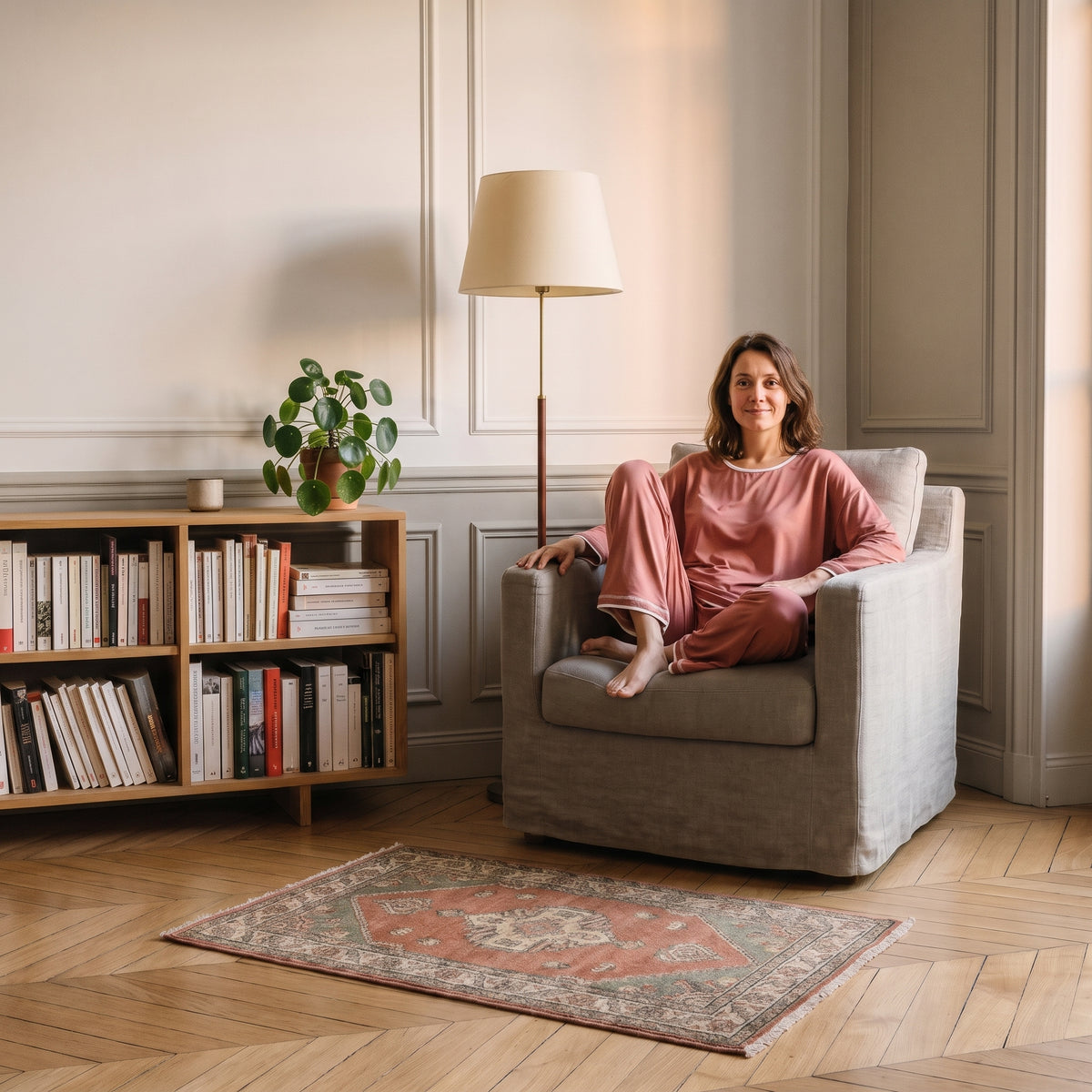 Femme assise dans un coin lecture, en pyjama coton et modal rose