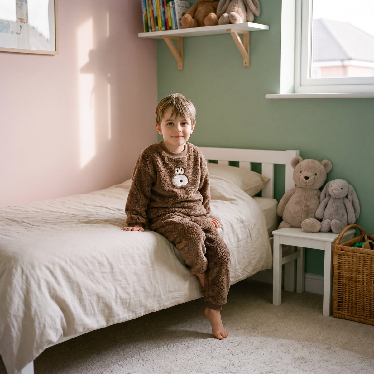 Enfant assis portant le pyjama peluche ours brun