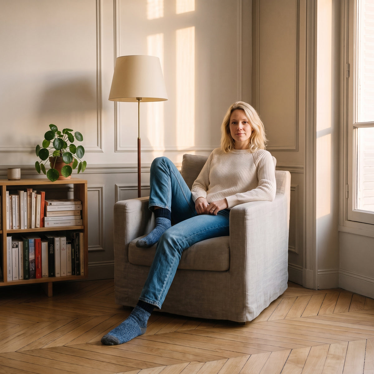 Chaussettes bicolores en maille épaisse portées assise dans un coin lecture