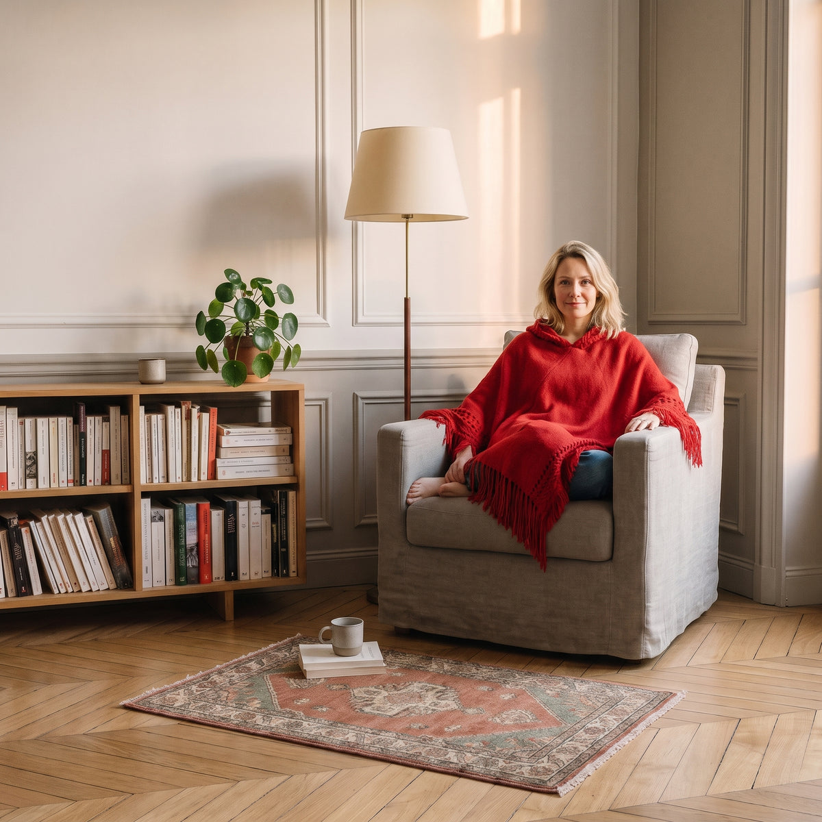 Cape bohème rouge à franges portée assise dans un coin lecture