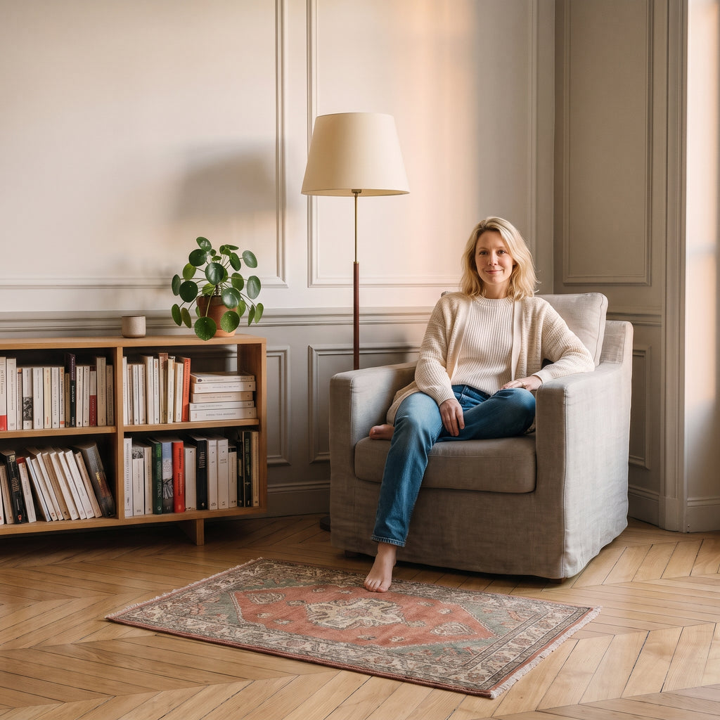 Cardigan beige en maille ajourée porté assise dans un coin lecture