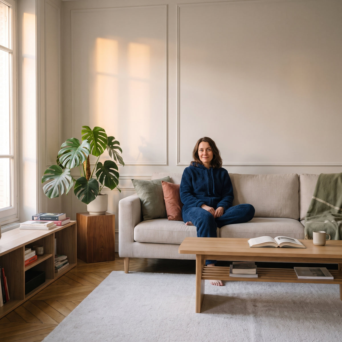 Femme assise portant la combinaison polaire bleue à capuche