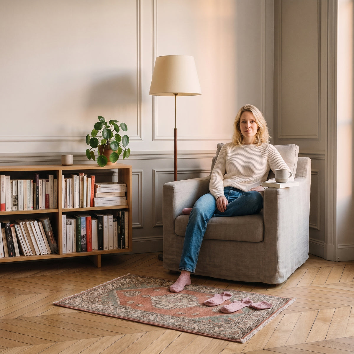 Chaussettes basses à cœur doré portées assise dans un coin lecture