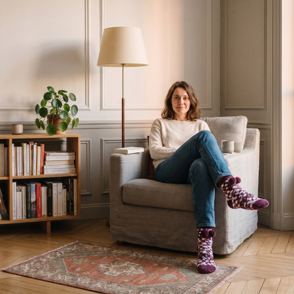 Chaussettes à pompons portées assise dans un coin lecture