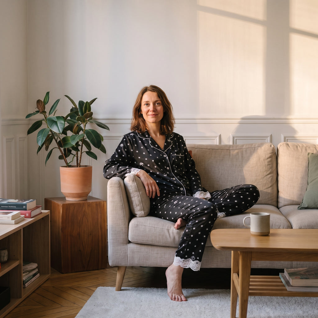 Pyjama en satin et dentelle noir porté par une femme assise dans une chambre