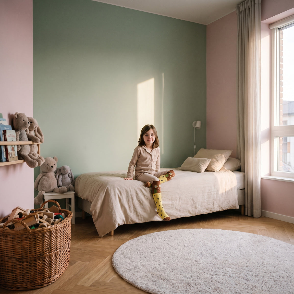 Enfant assise dans sa chambre avec des chaussettes chouettes jaunes