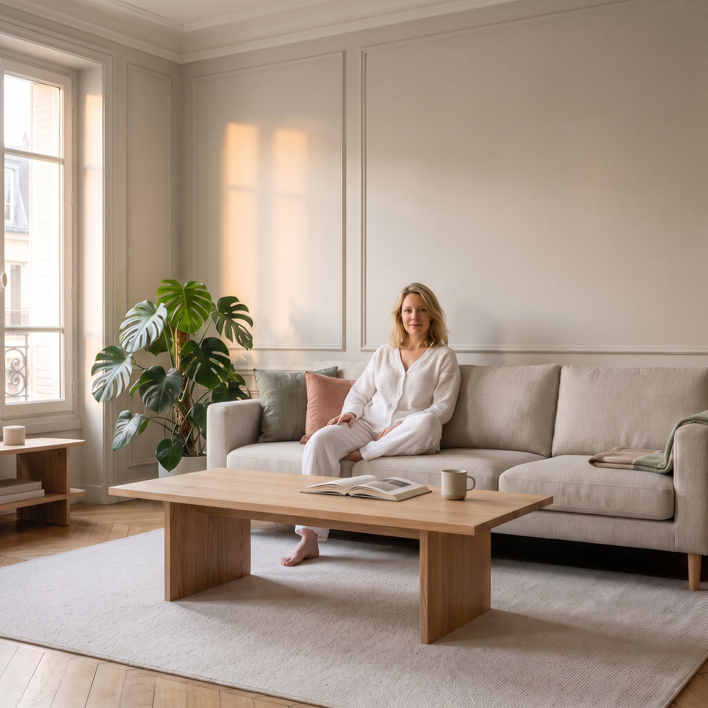 Ensemble en gaze de coton blanc porté assis dans un salon
