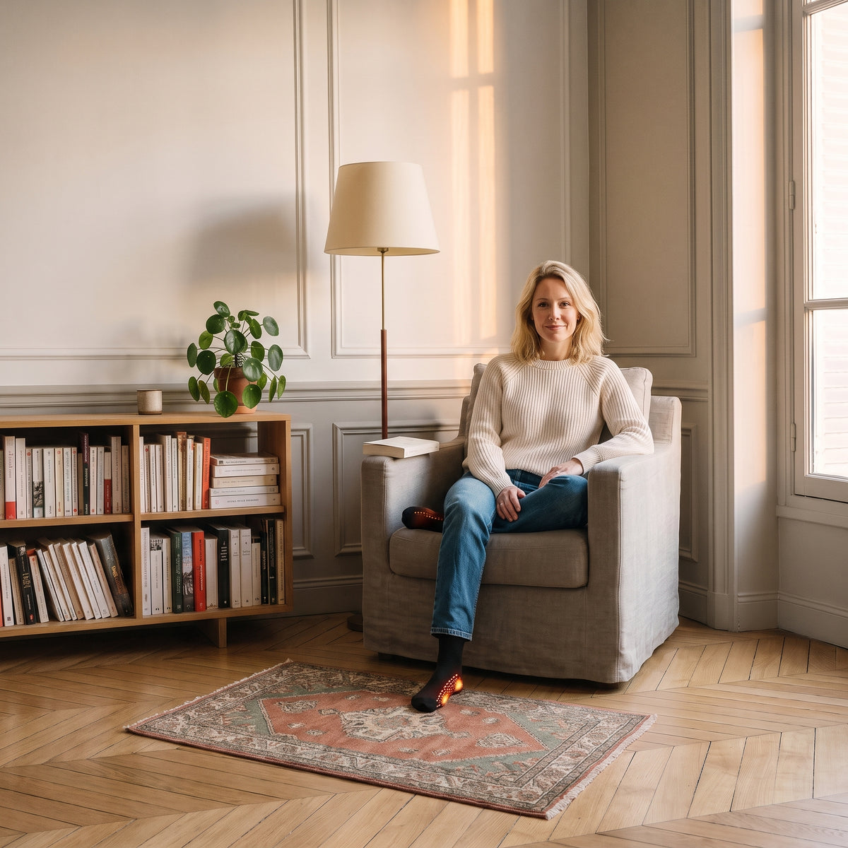 Chaussettes unisexes en coton portées assise dans un coin lecture