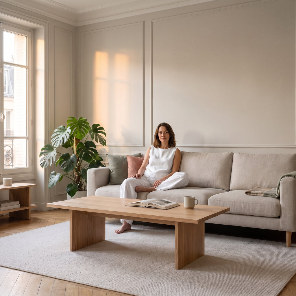 Ensemble en lin blanc porté par une femme assise dans un salon