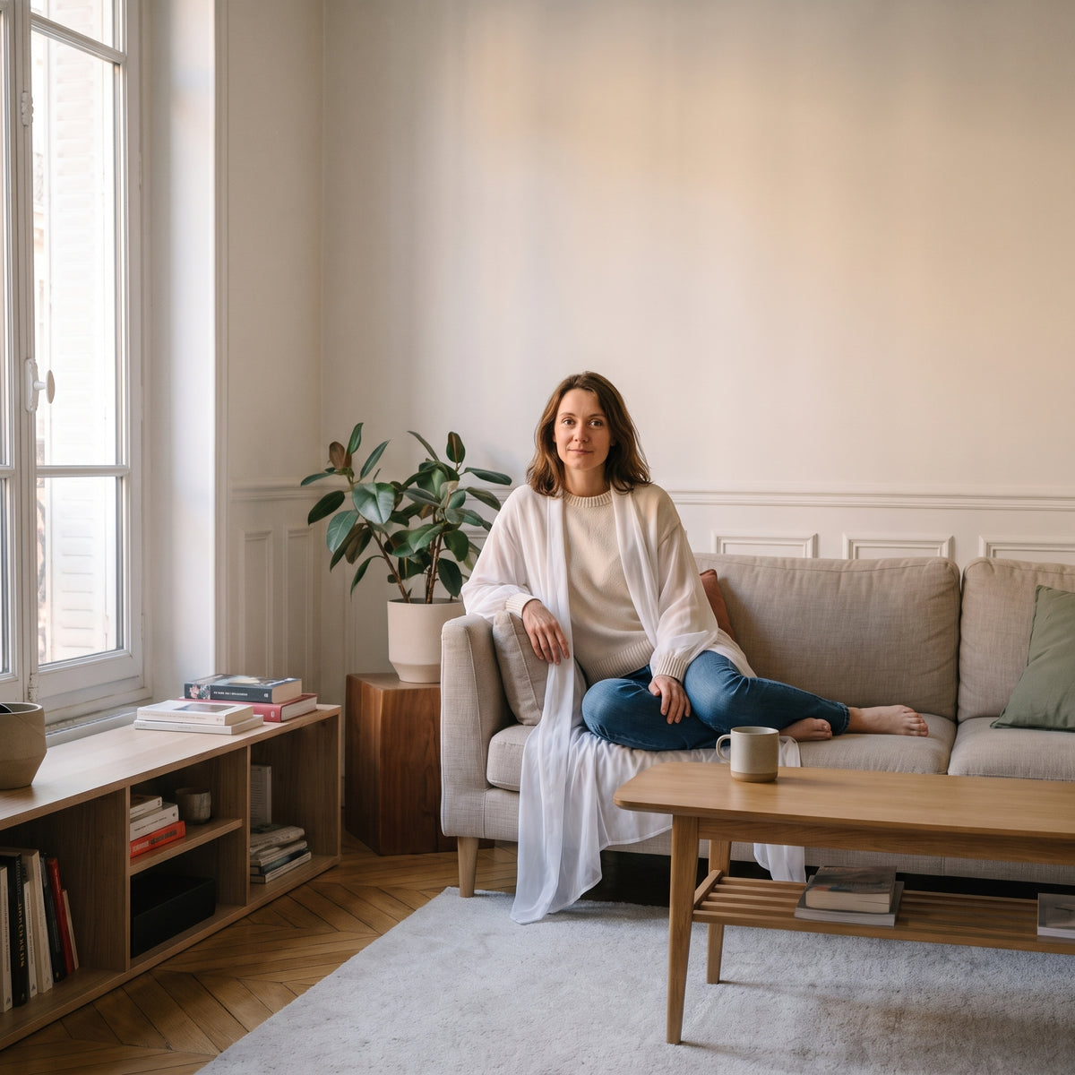 Kimono long en mousseline porté, assise