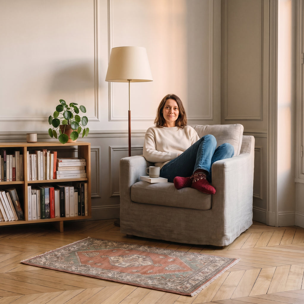 Chaussettes chaussons fourrées portées assise dans un coin lecture