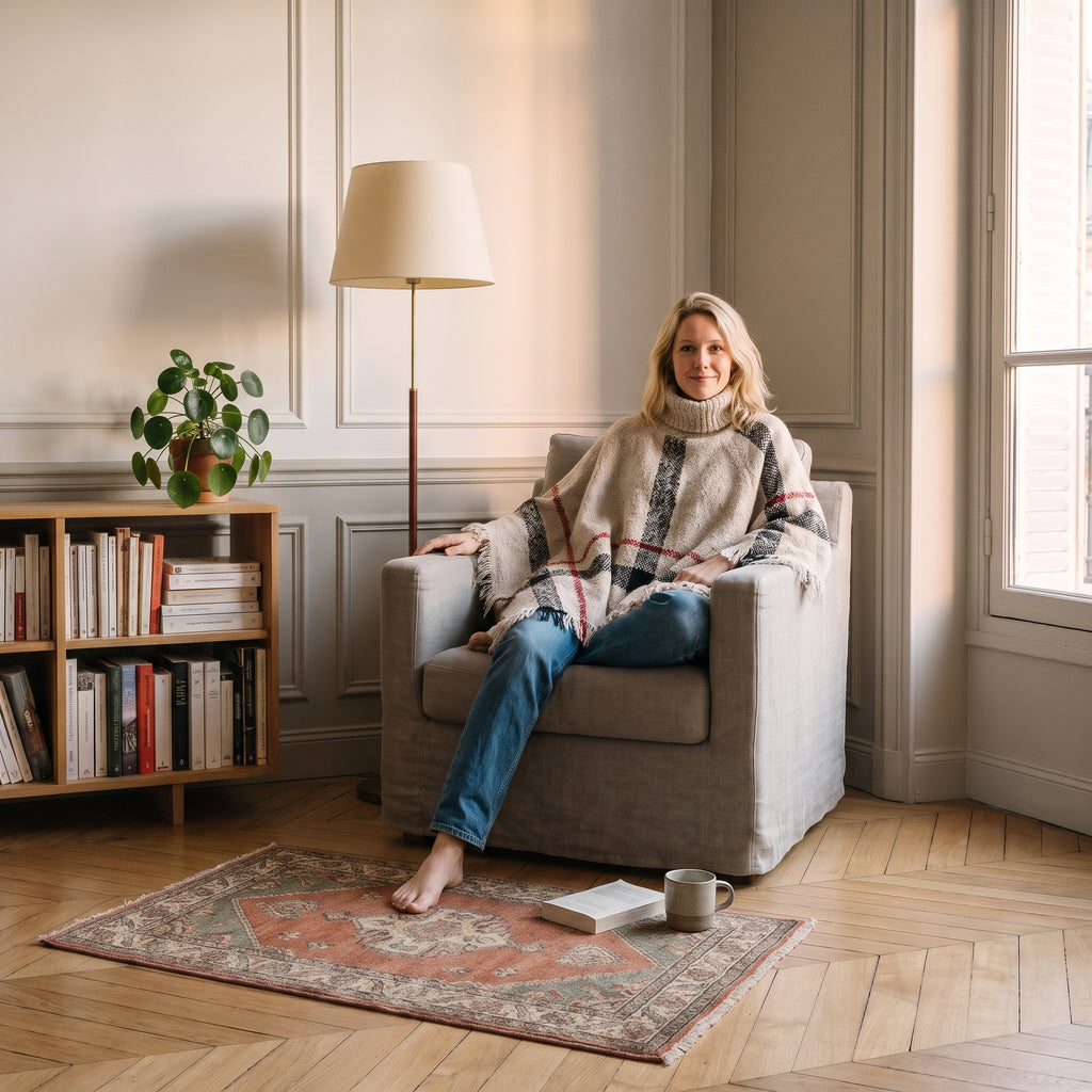 Cape femme beige à carreaux portée assise dans un coin lecture