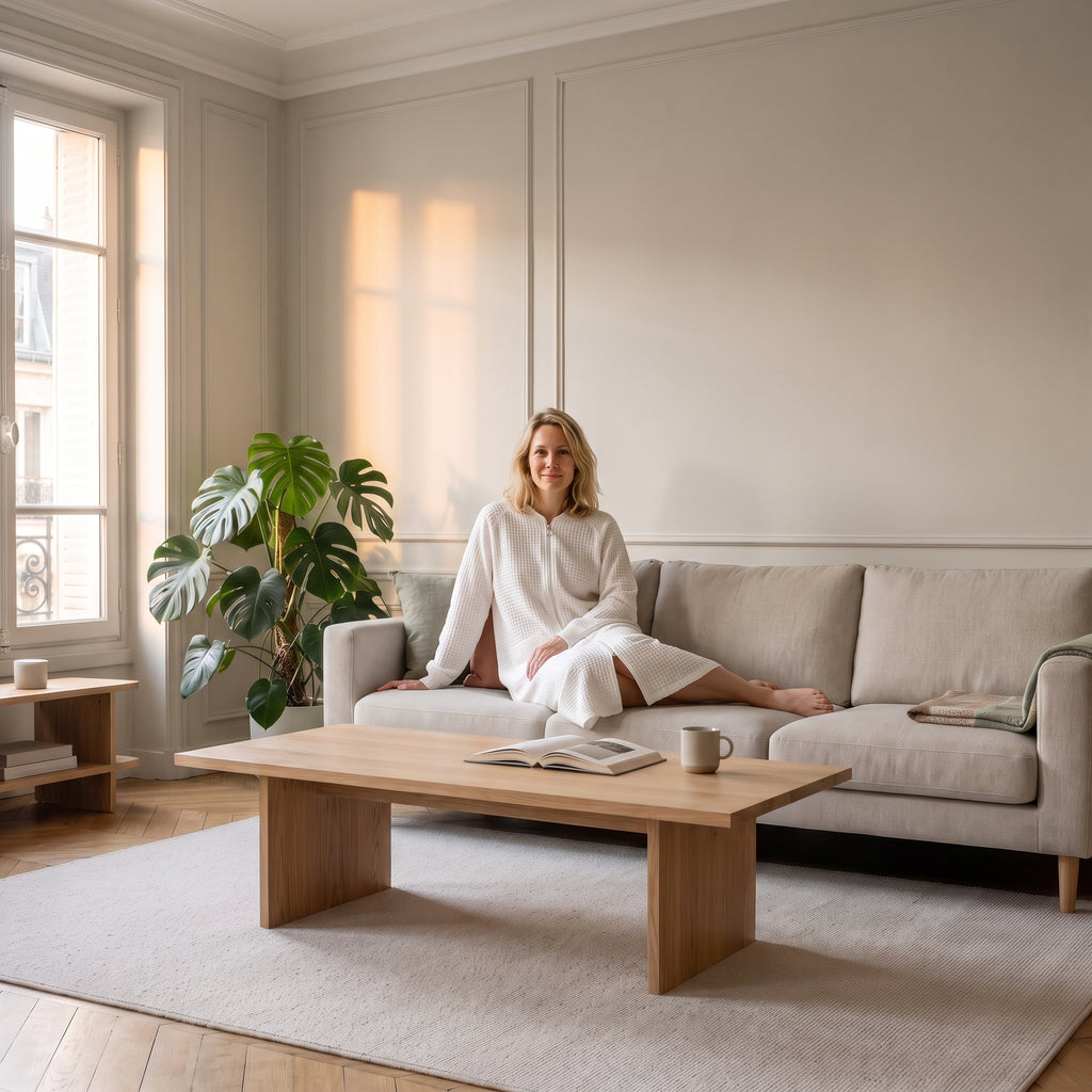 Robe de chambre zippée blanche portée assise au salon