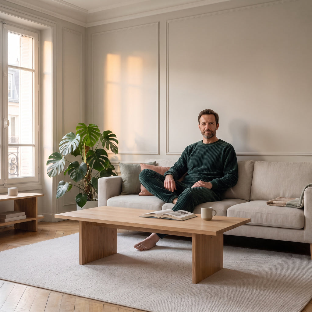 Pyjama en polaire côtelée vert porté assis dans un salon