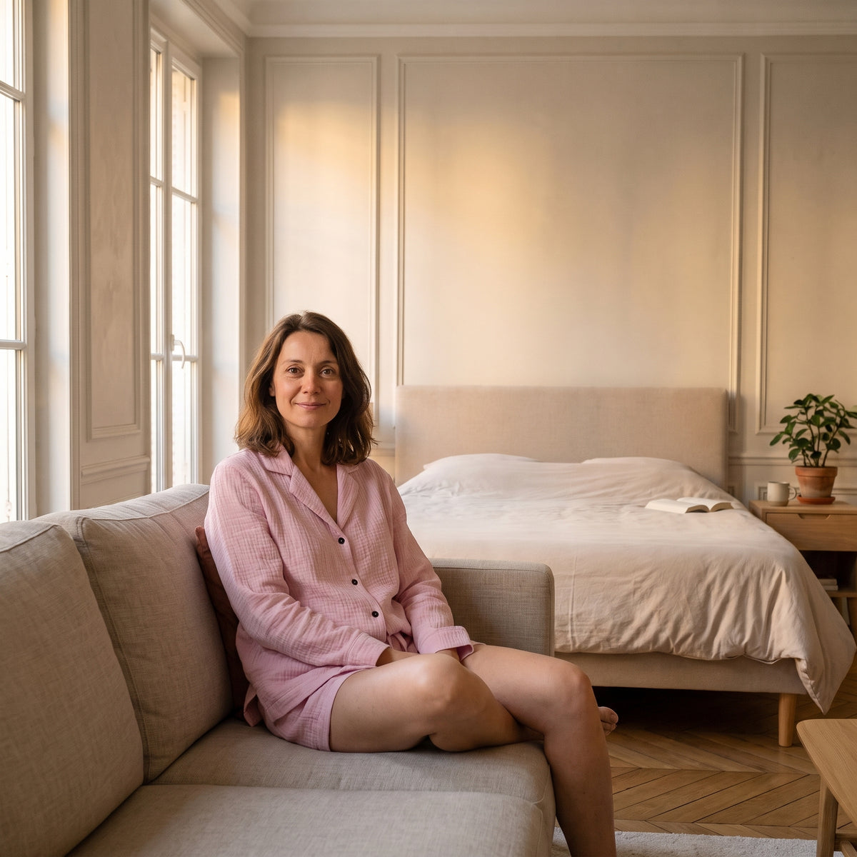 Pyjama en coton rose porté par une femme assise dans une chambre