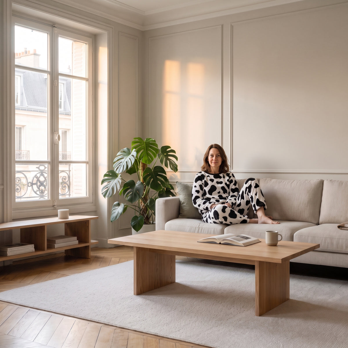 Pyjama en polaire imprimé vache porté par une femme assise dans un salon