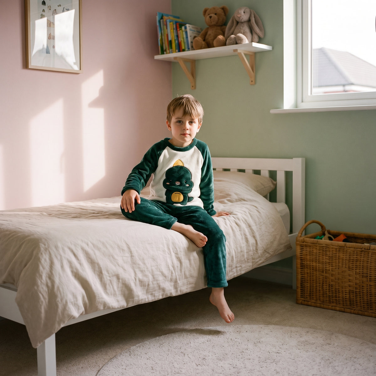 Enfant assis portant le pyjama polaire dinosaures vert foncé