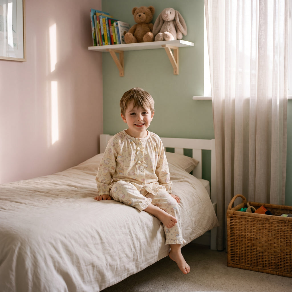 Enfant assis portant le pyjama en coton à imprimé oursons et lapins