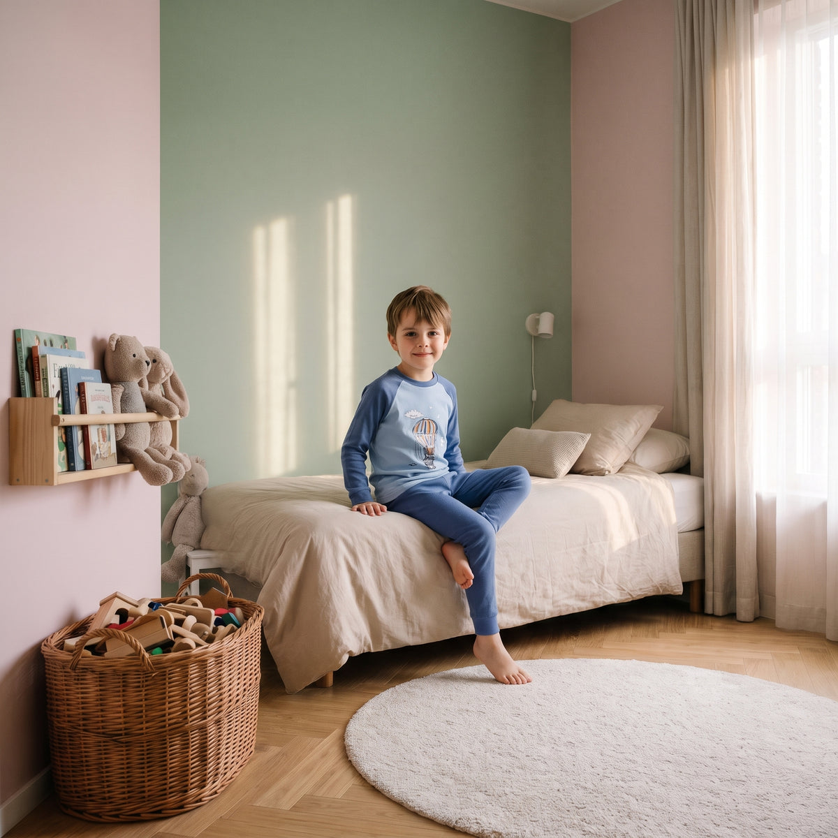 Enfant assis portant le pyjama en coton à motif montgolfières bleues