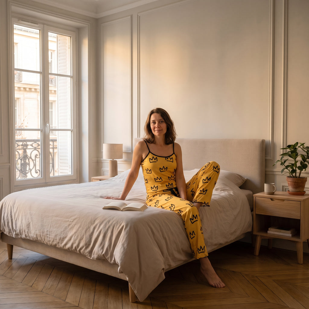 Pyjama en satin jaune porté par une femme assise dans une chambre